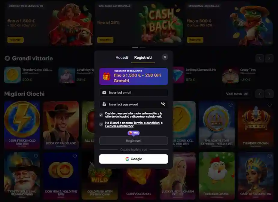 Finestra di registrazione Spin Macho Casino con modulo di accesso e bonus di benvenuto